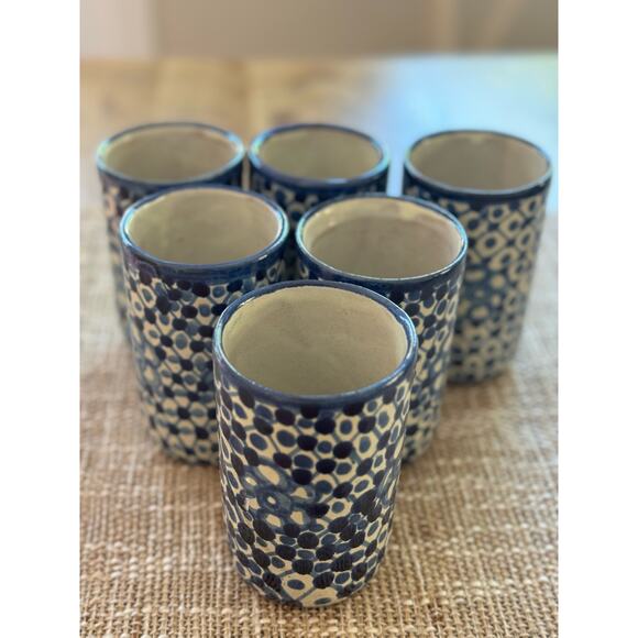 Hand Painted Blue Stoneware Set of 6 Cups - Picture 4 of 10